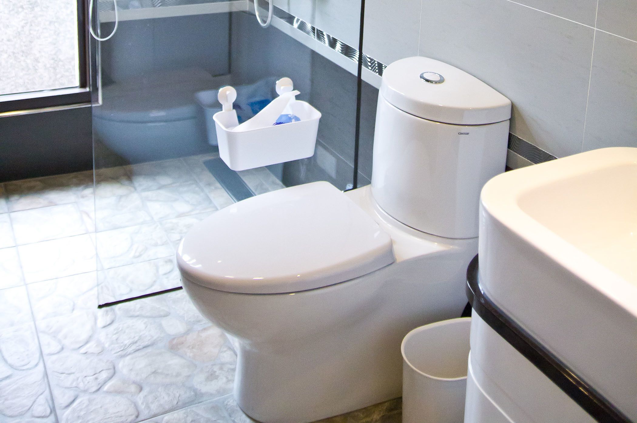 Ein modernes Badezimmer mit Toilette, Bidet und Mülleimer.