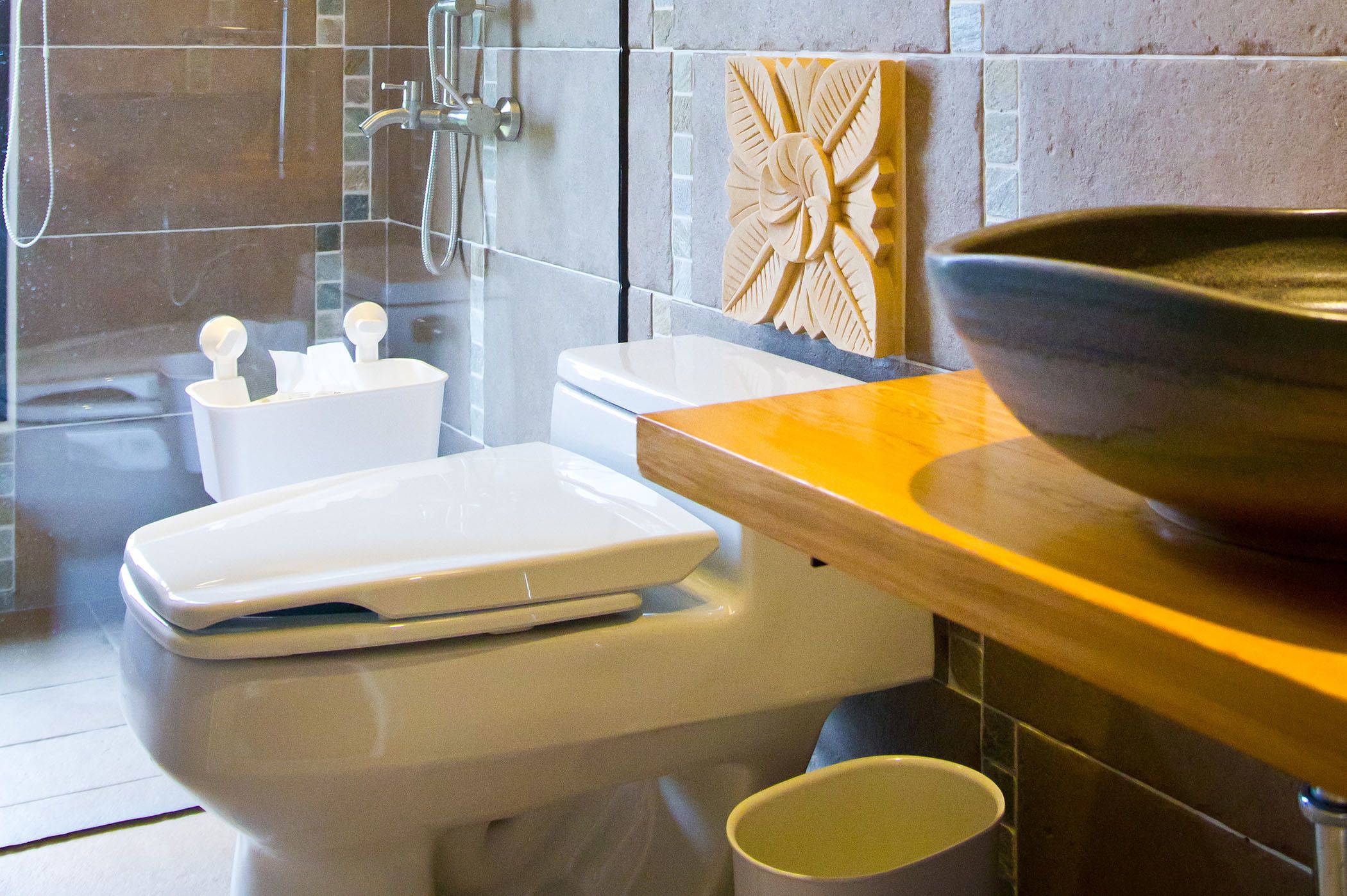 A bathroom with a white toilet, a shower area, and a sink with a bowl.