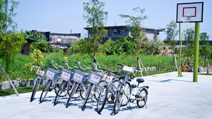 Una hilera de bicicletas con cestas, un aro de baloncesto y un edificio al fondo.