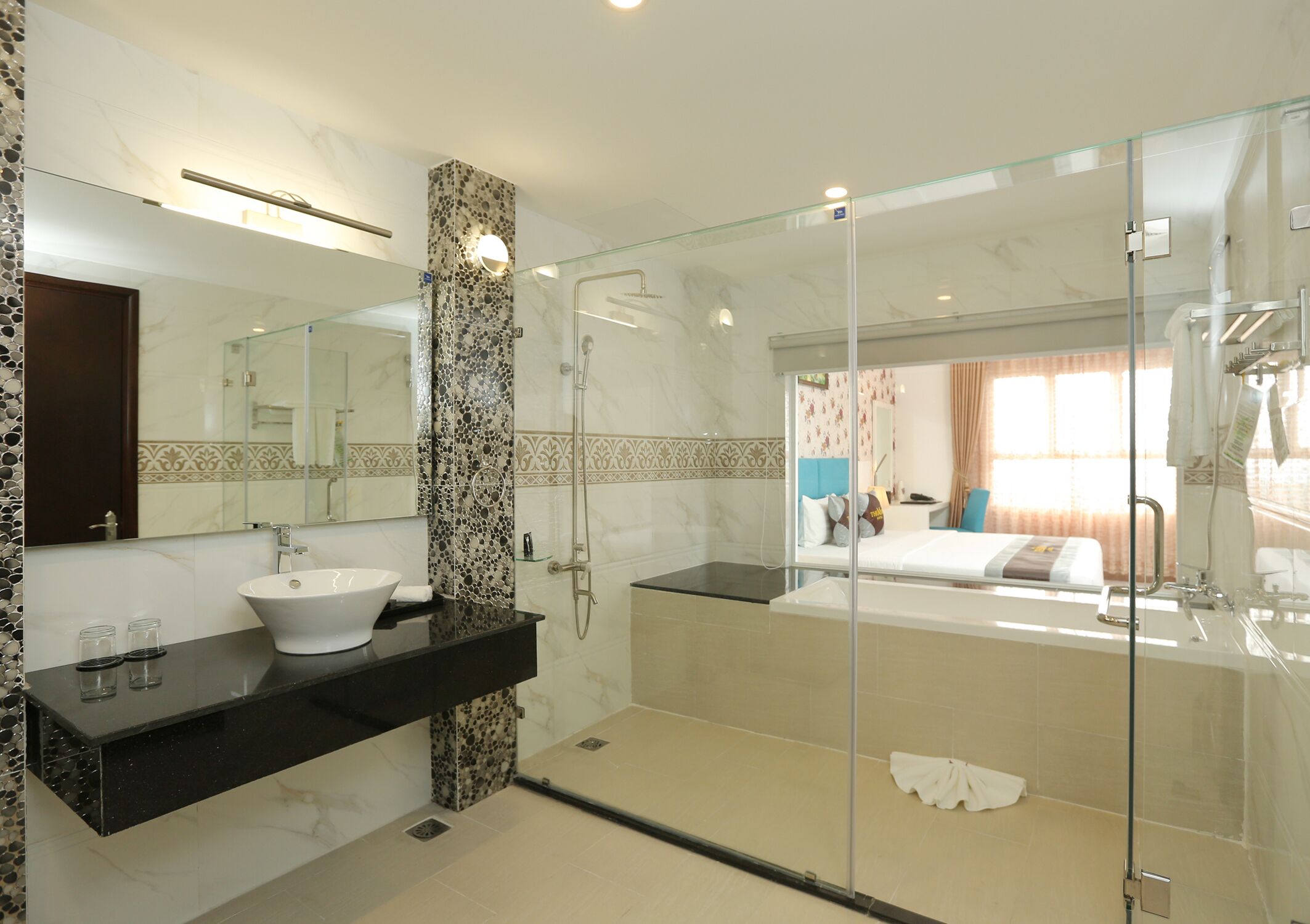 free toiletries, hair dryer, slippers, towels