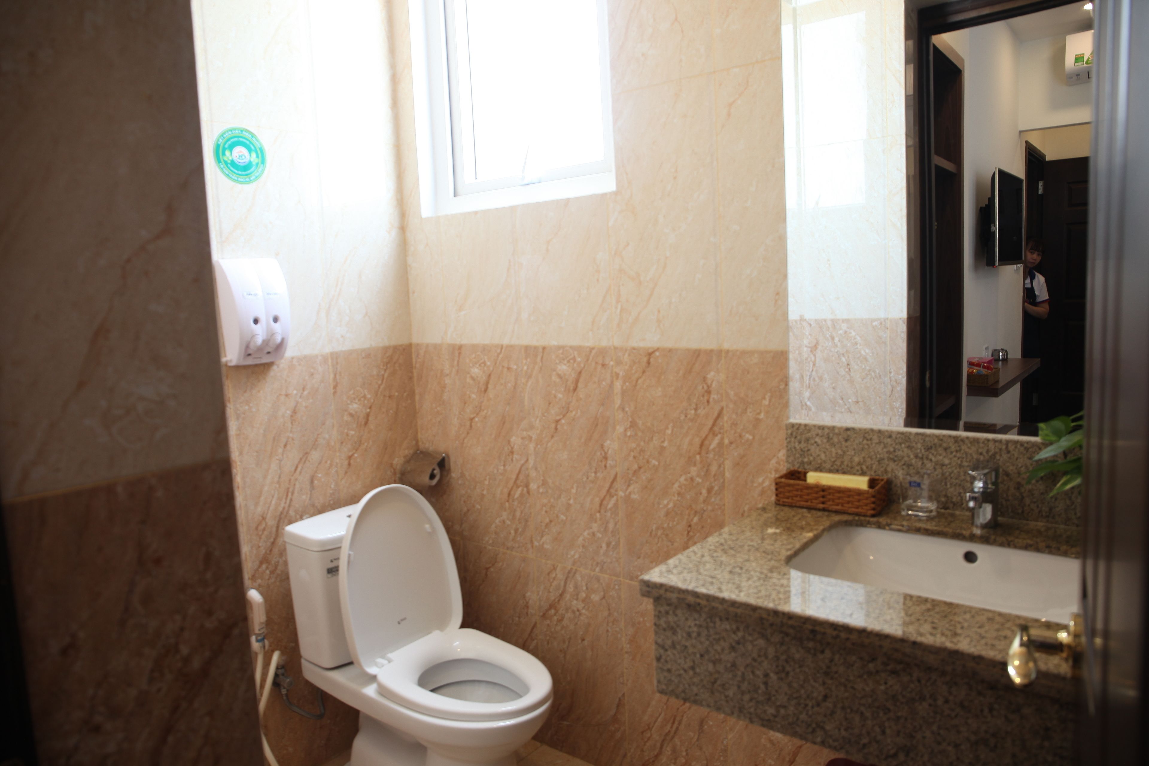 A bathroom with a toilet, sink, and mirror.