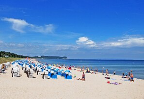 Ein Strand mit Reihen aus blauen und weißen Liegestühlen und Sonnenschirmen, einem Sandstrand und dem Meer im Hintergrund.