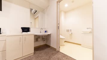 A modern bathroom with a sink, mirror, and toilet.