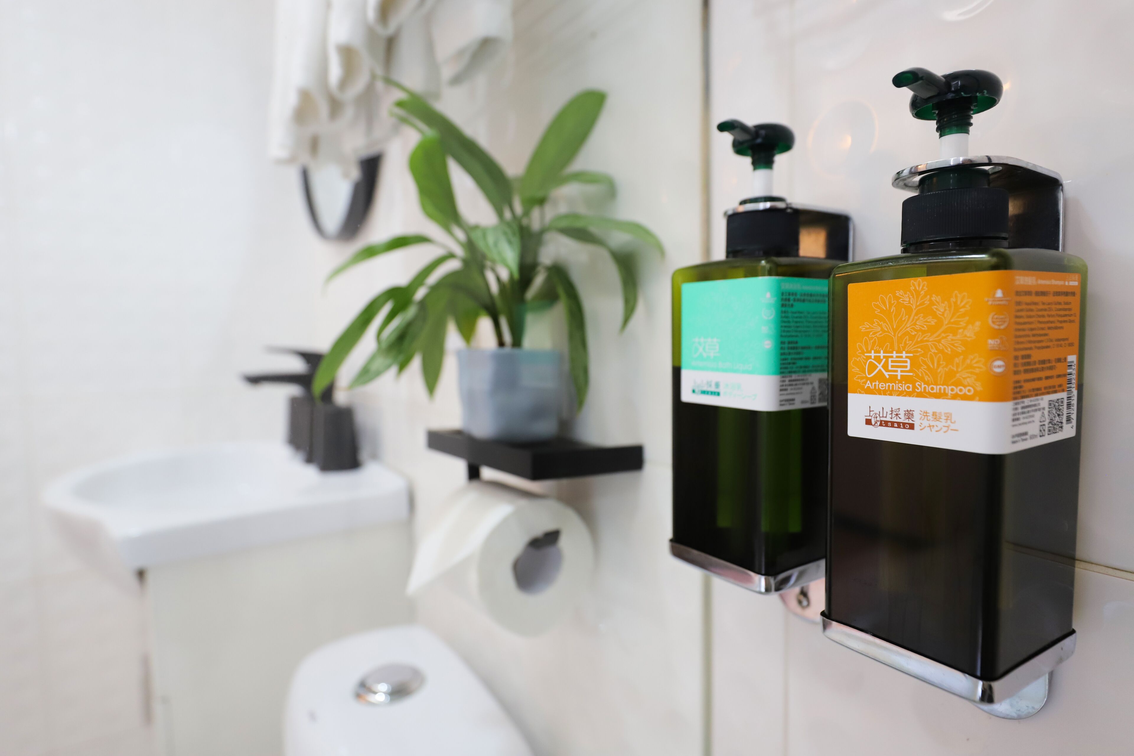 A bathroom with a toilet, a sink, a plant, and two bottles of shampoo on a wall-mounted dispenser.