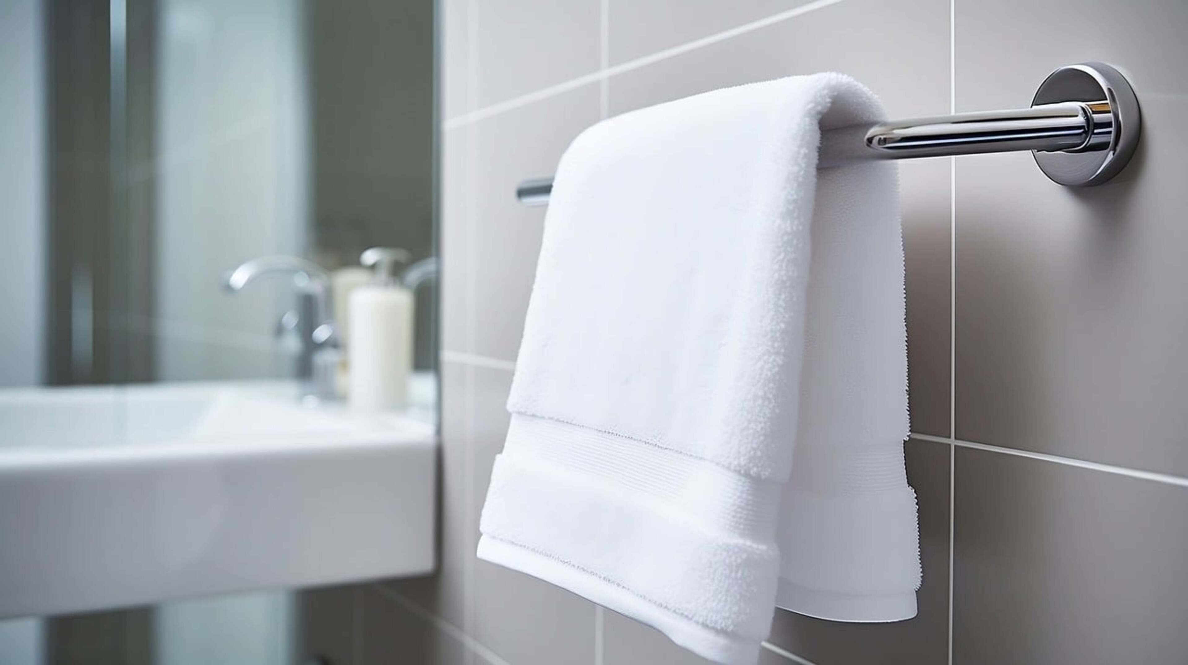 Une serviette blanche est suspendue à une barre à serviettes métallique dans une salle de bain au design moderne, comprenant une douche en verre et un lavabo blanc.