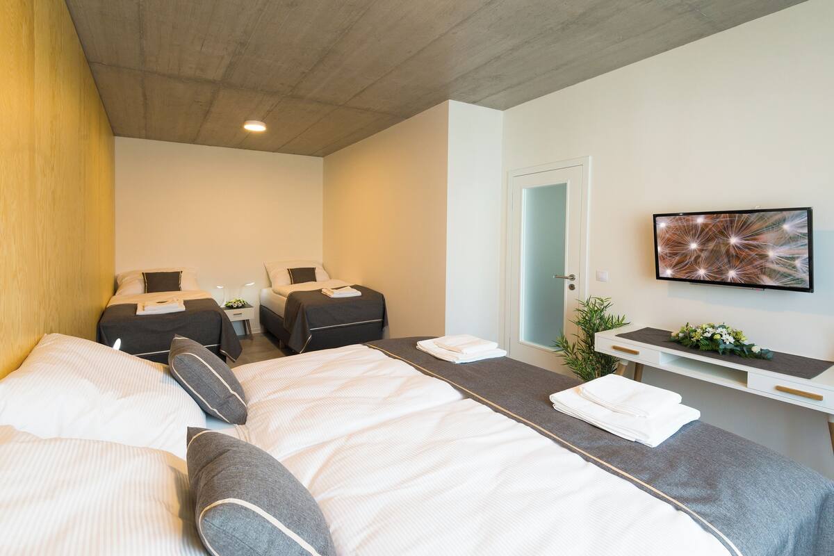 A modern hotel room with a large bed, two smaller beds, a desk with a flat-screen TV, and a small plant.
