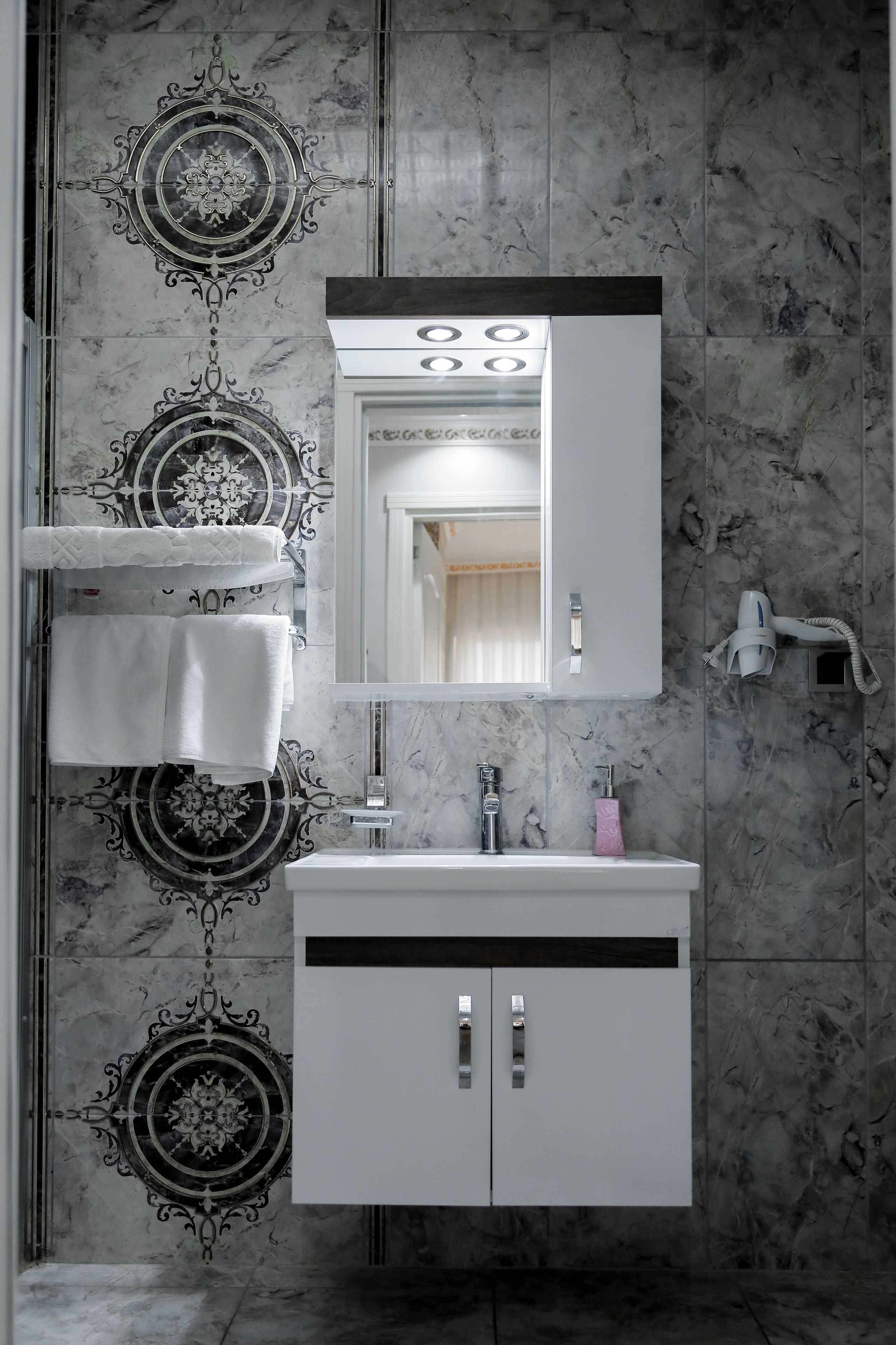 shower, slippers, towels