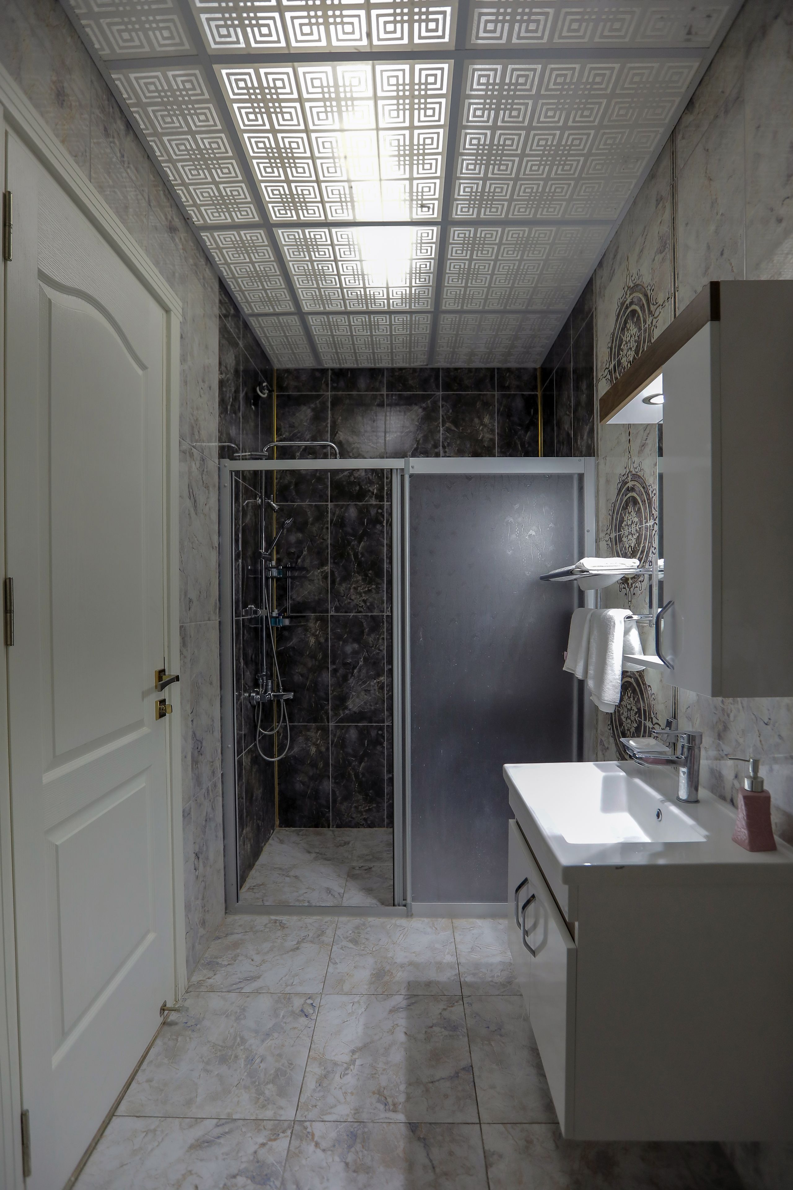 shower, slippers, towels