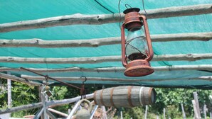 Entorno rústico al aire libre con una estructura de madera y un farol colgante.