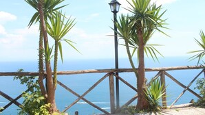 Vista costera con valla de madera, palmeras y farol.