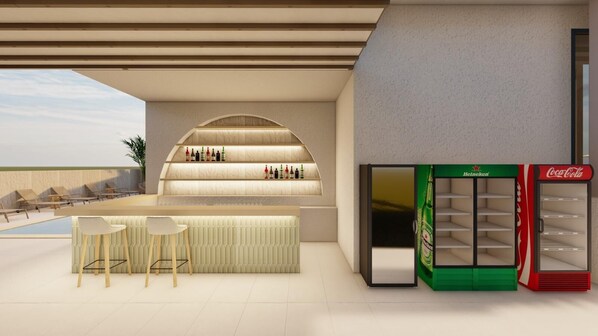 A bar area with seating, a pool, and two beverage dispensers. - Avisos Hotel&Apartments (Marmaris)