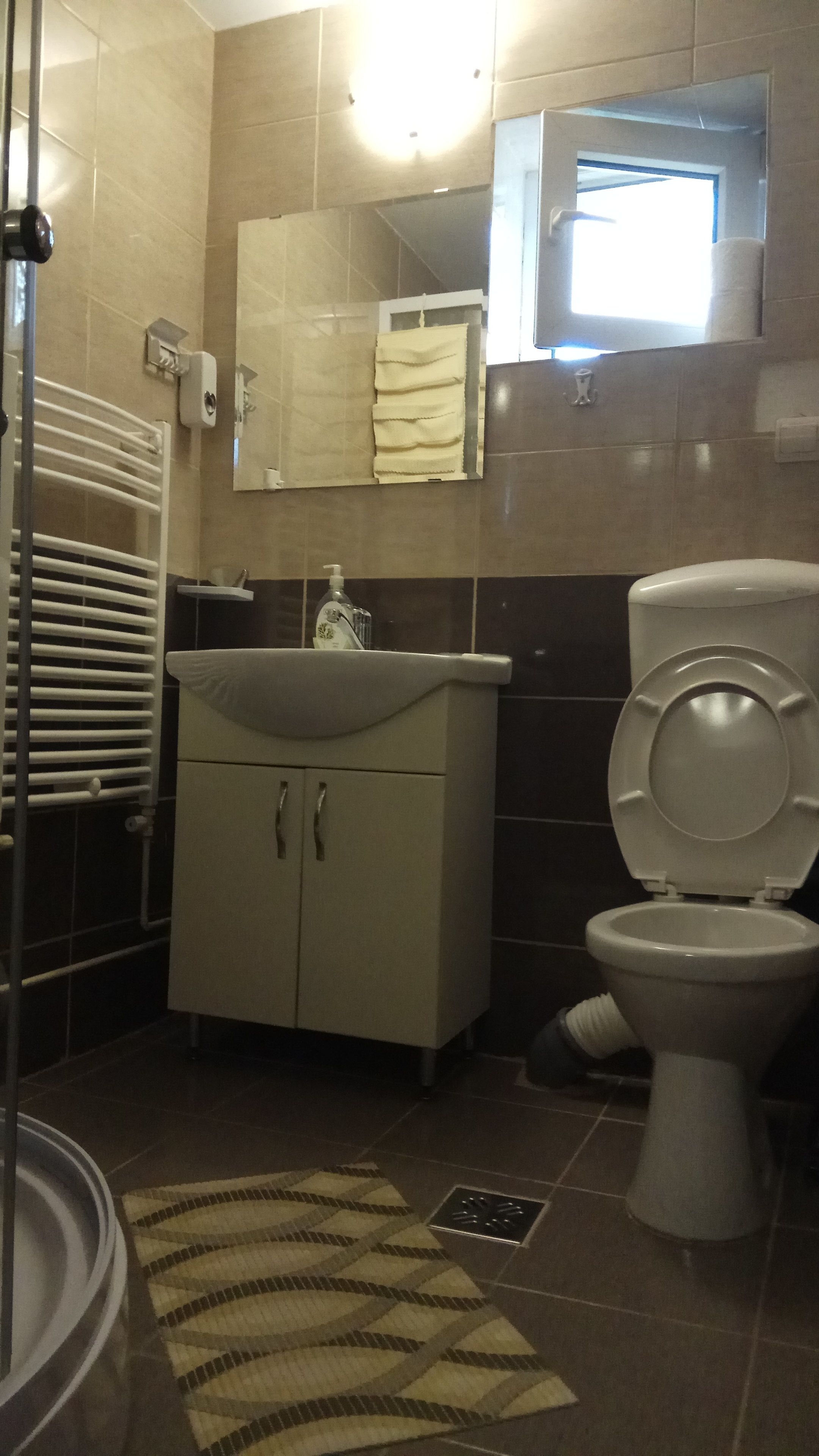 A bathroom with a toilet, sink, mirror, towel rack, and a shower area.