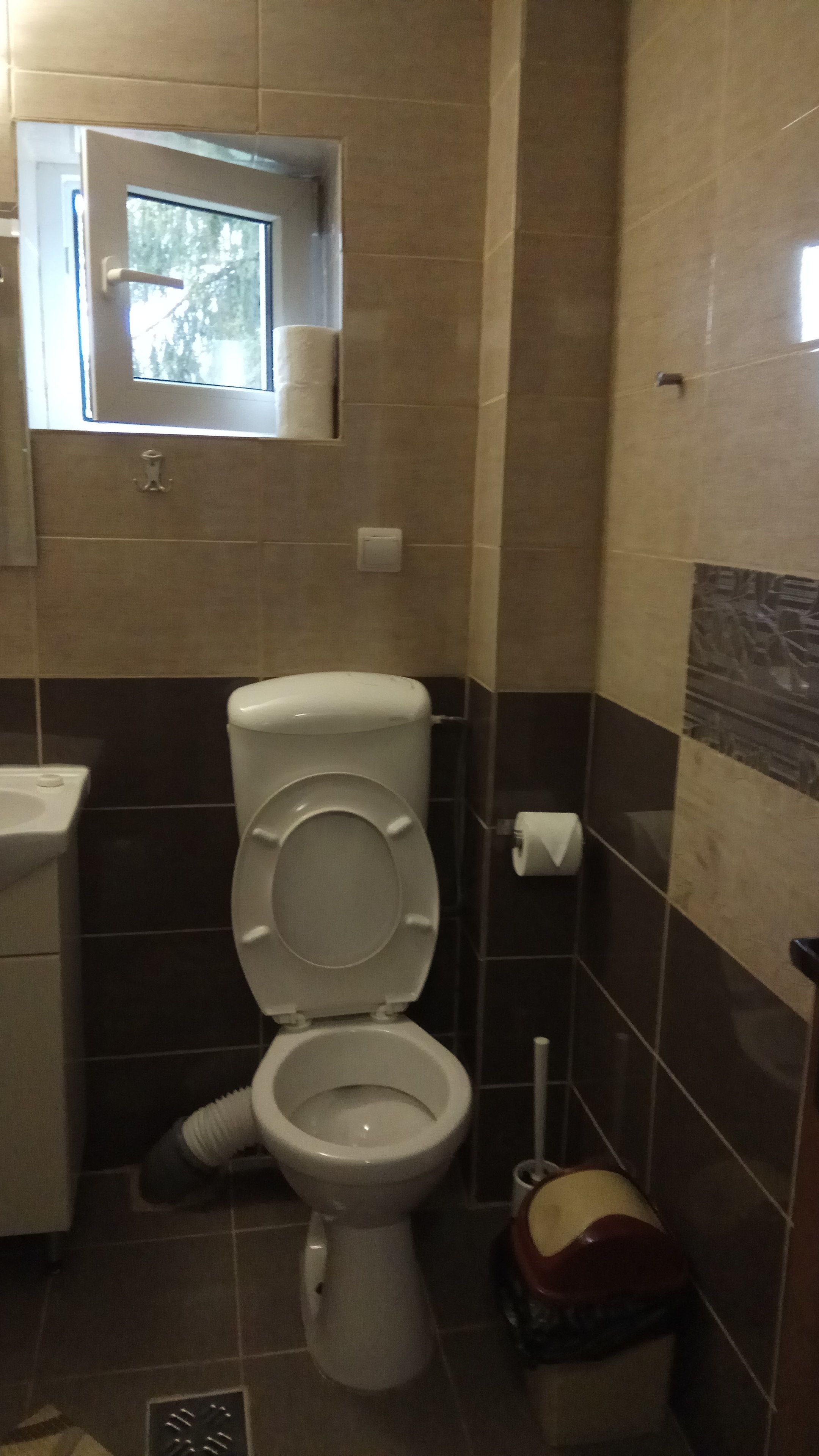 Un bagno con il water, un lavandino e una finestra.