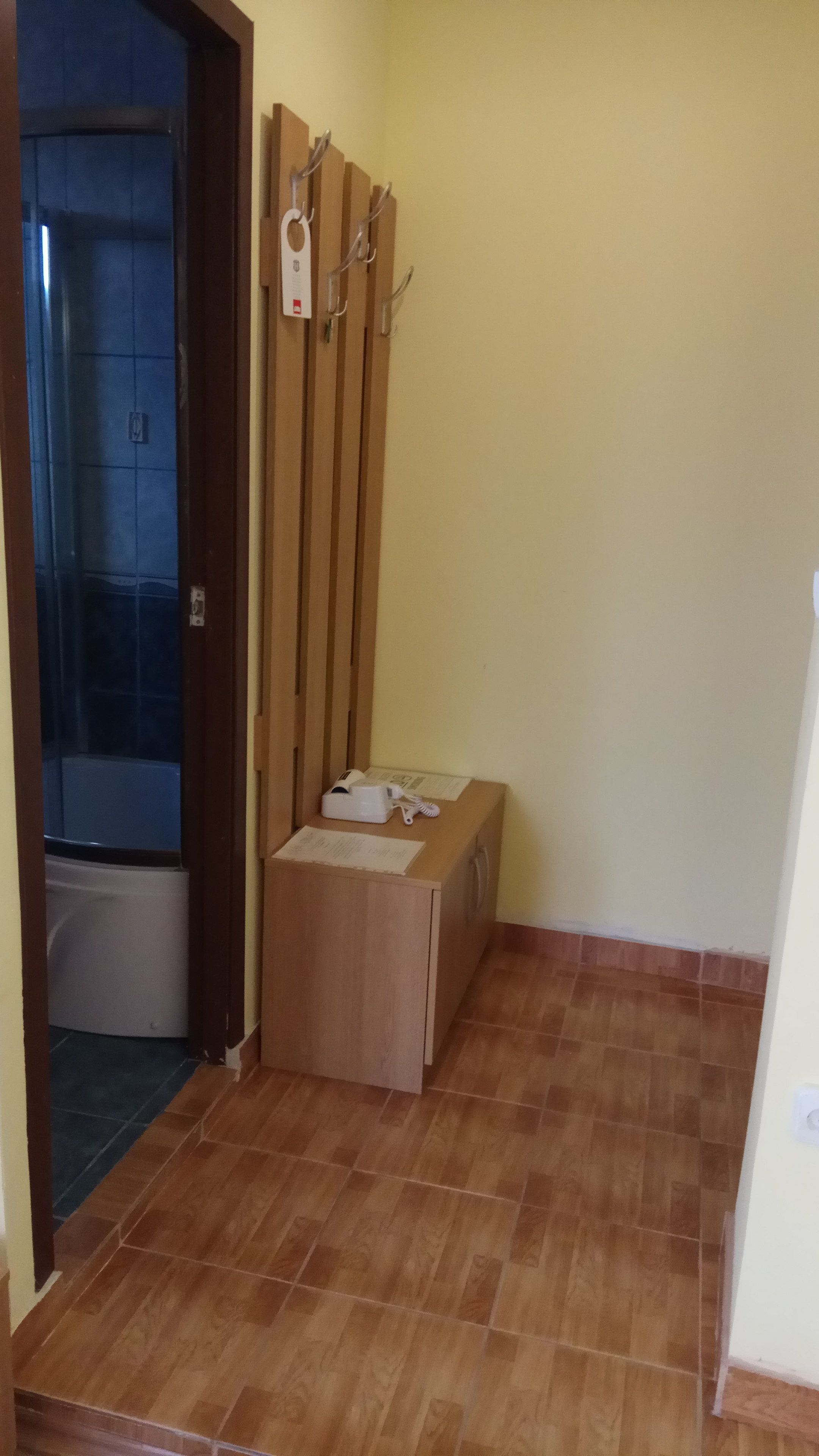 Un bagno con doccia, WC e un piccolo armadietto in legno.