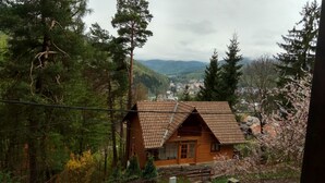 Una cabaña de madera con techo inclinado, rodeada de un bosque frondoso y montañas al fondo.