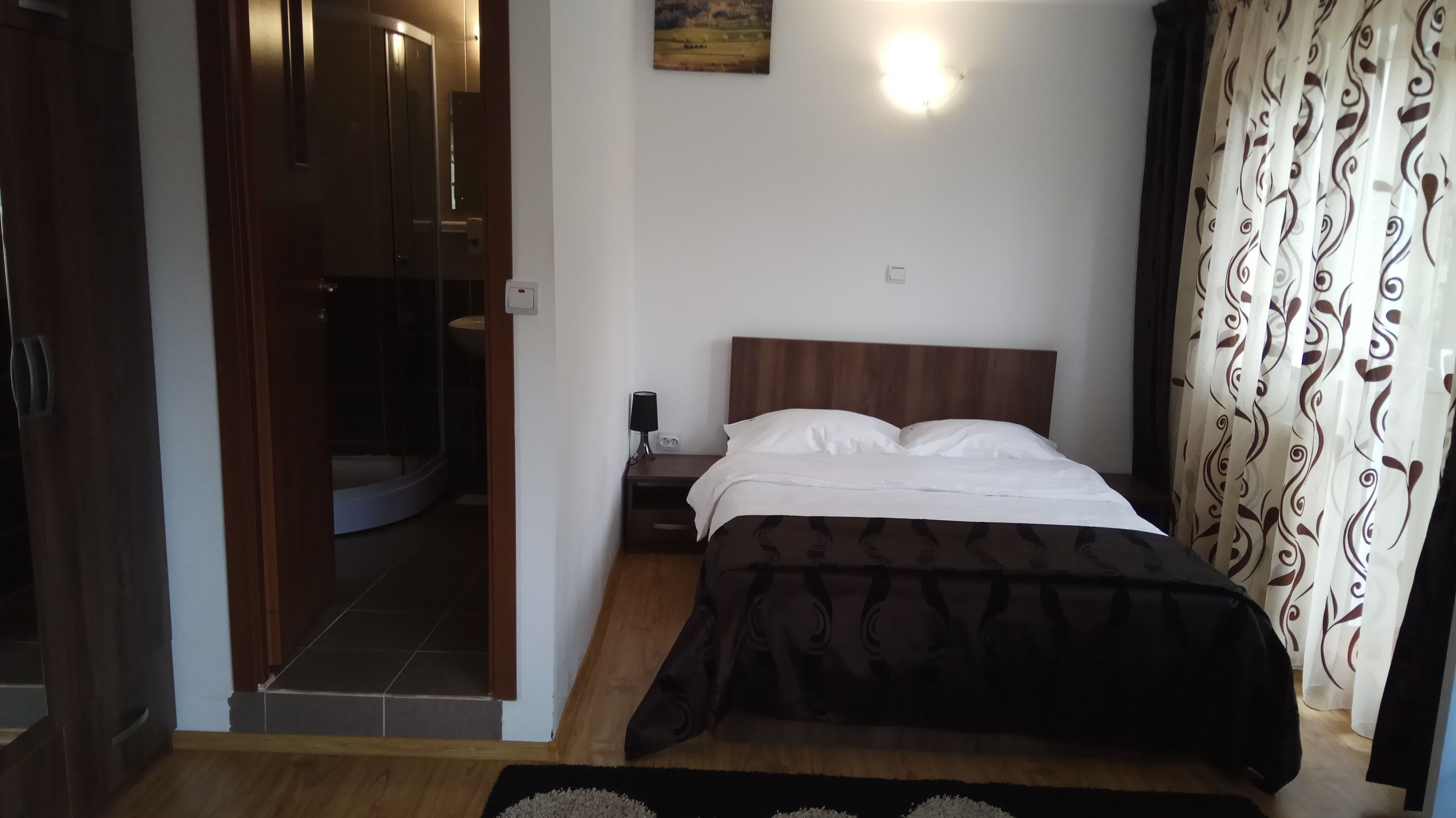A bedroom with a bed, a nightstand, a wall-mounted light, and a shower area.