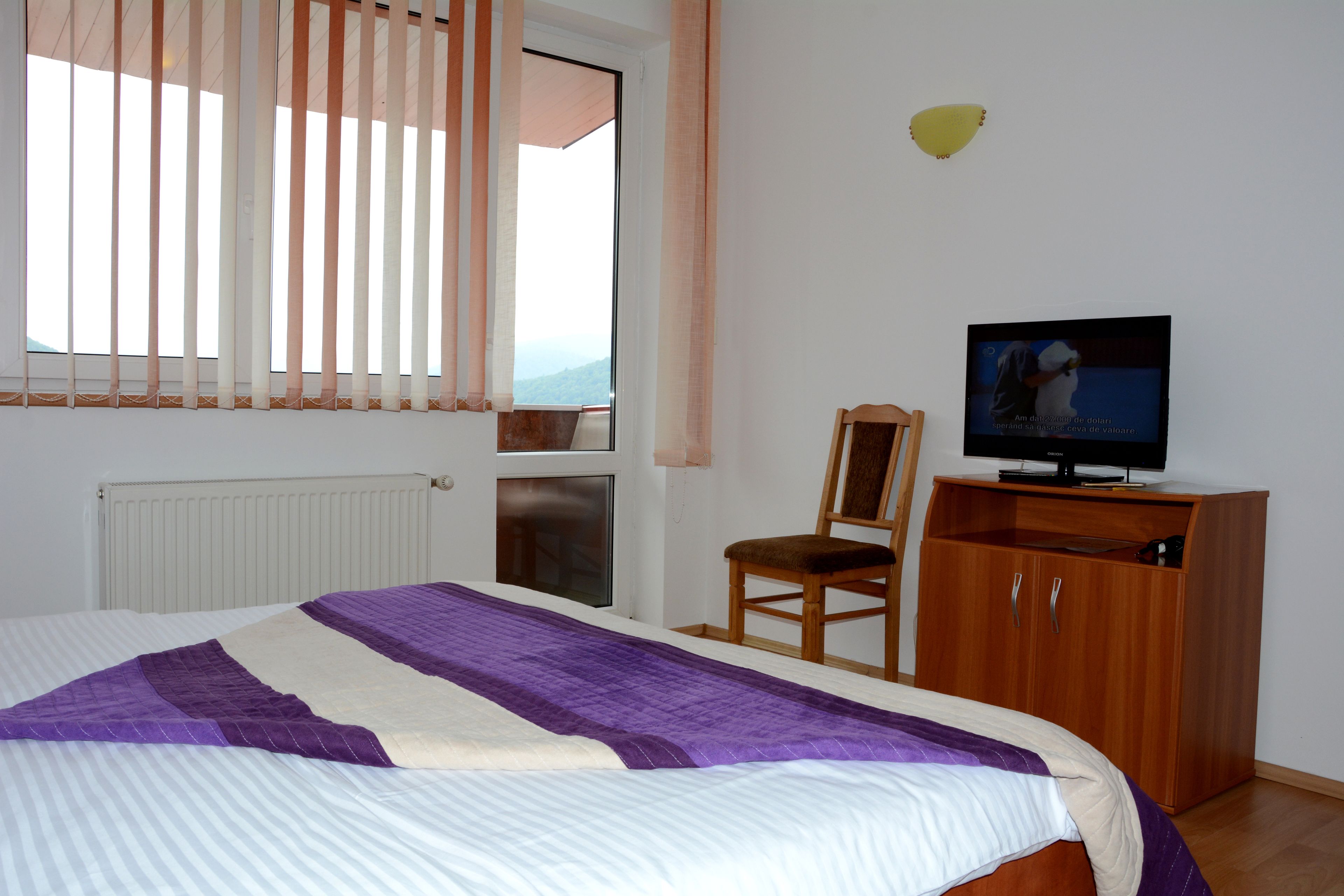 Un dormitorio con una cama, un televisor sobre un mueble de madera, una silla y una ventana con persianas.