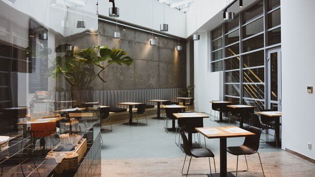 Een modern interieur met tafels en stoelen, een grote plant en een glazen wand.