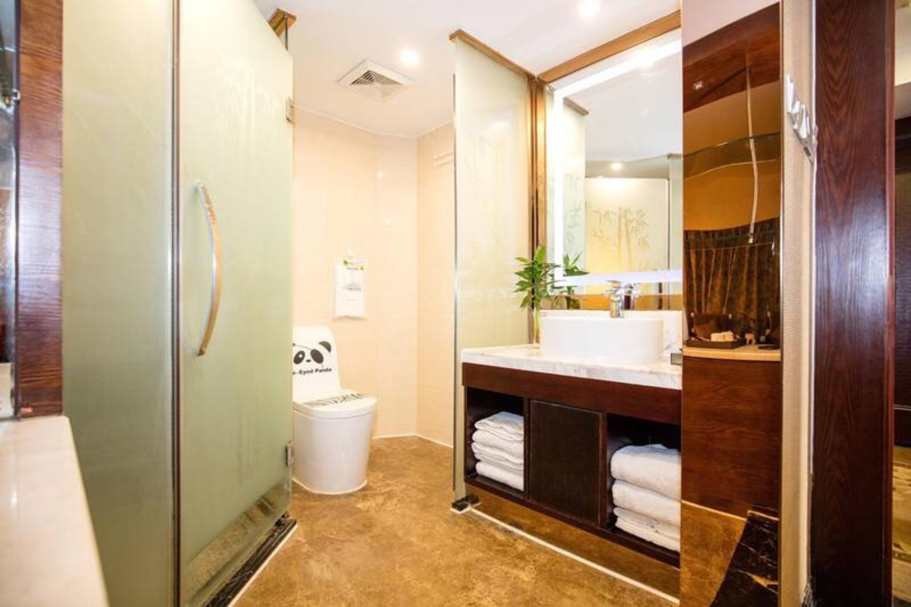 Une salle de bain moderne avec une douche à parois de verre, des toilettes blanches, un lavabo avec un miroir et un porte-serviettes.
