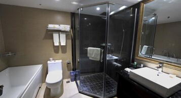 Shower, free toiletries, hair dryer, slippers