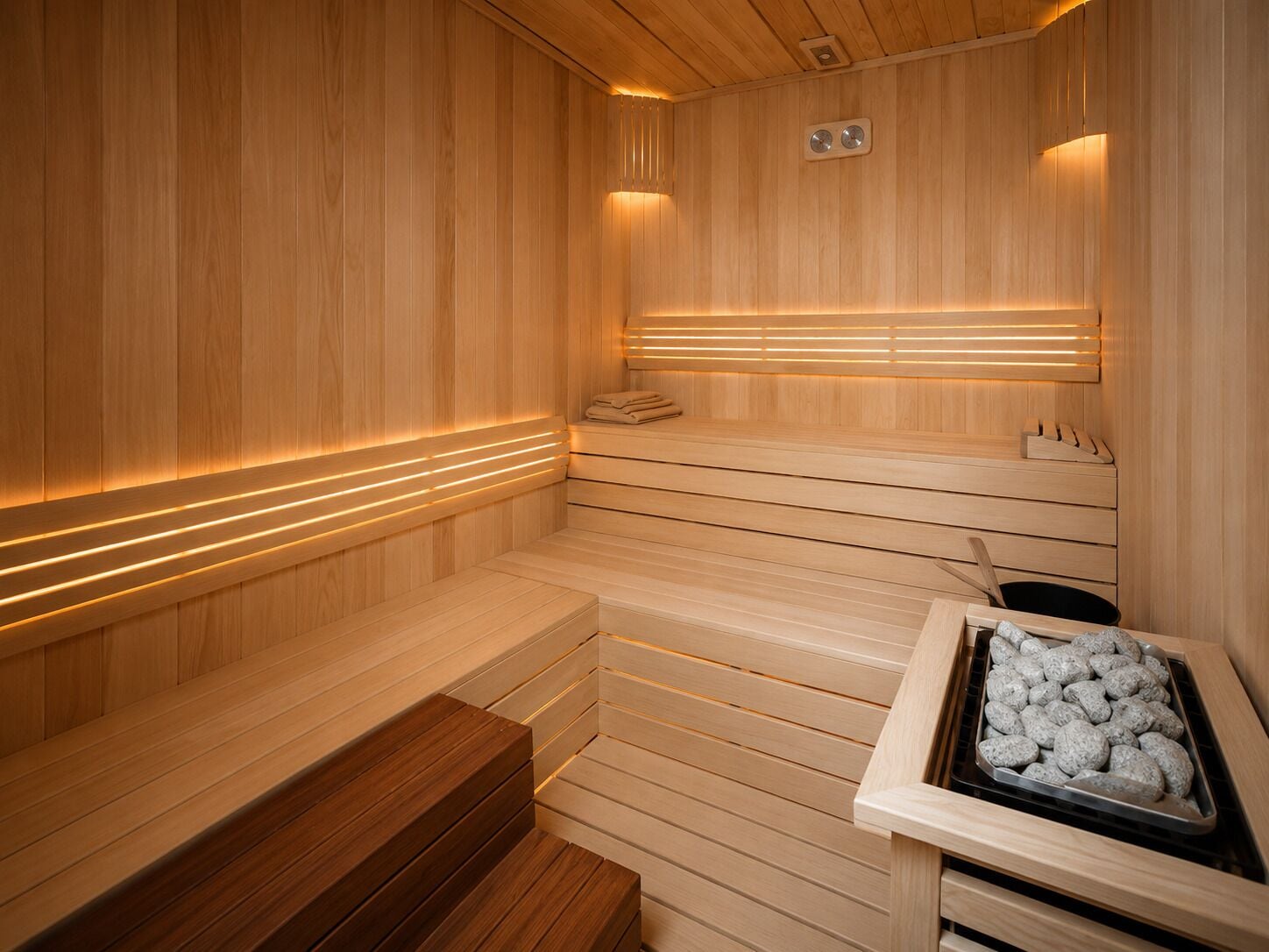 A sauna with wooden benches, a bench with a towel, and a tray of stones.