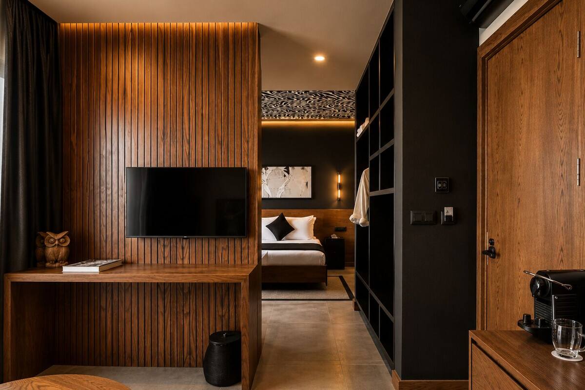 A modern hotel room with a wooden accent wall, a flat-screen TV, a bed with a black and white patterned headboard, and a wardrobe with a black door.