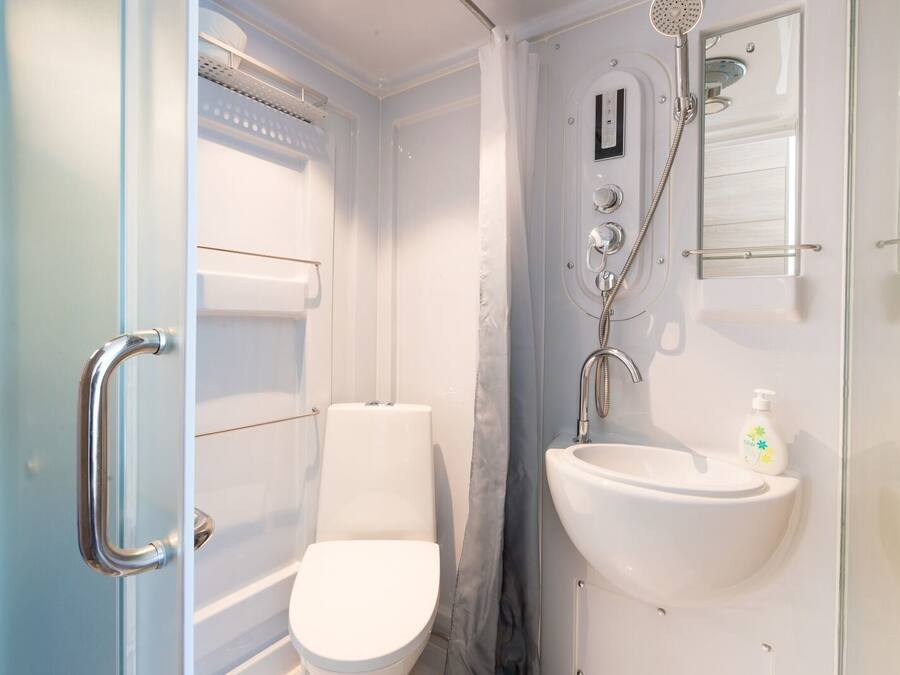 A compact bathroom with a toilet, a shower with a handheld showerhead, and a sink with a mirror above it.