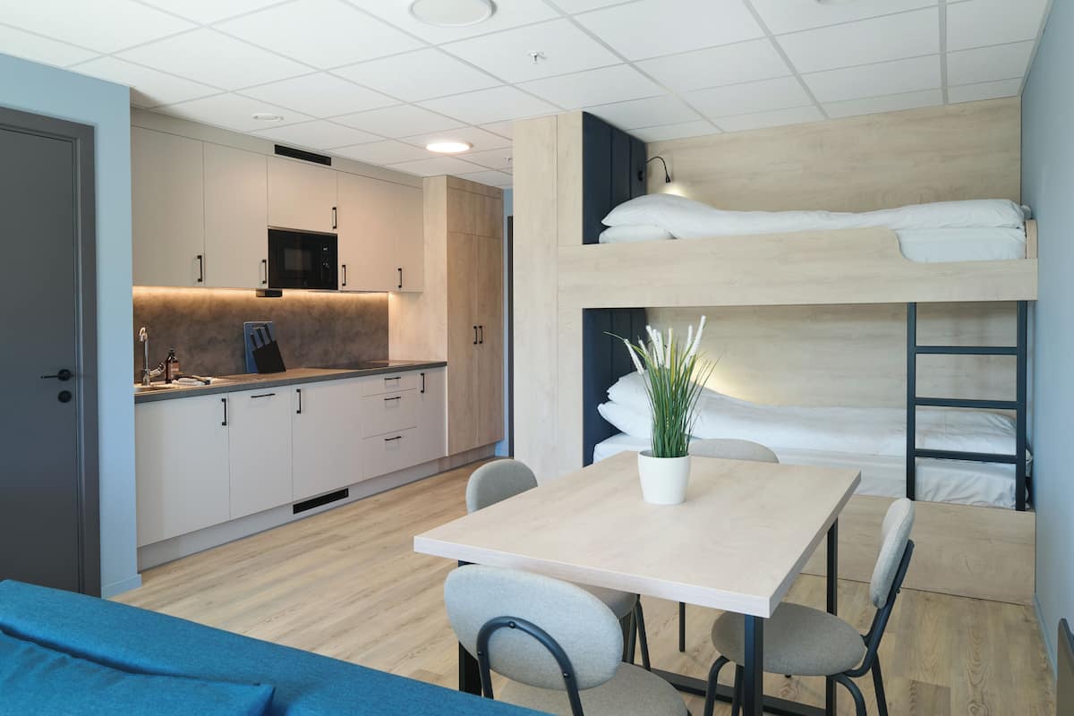 Een kleine hotelkamer met een stapelbed, een kitchenette, een eethoek met een tafel en stoelen, en een plant in een pot.