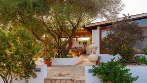 Une cour intérieure avec un chemin de pierre menant à un bâtiment surmonté d’une pergola. On y trouve des plantes en pot et un grand vase sur la terrasse.