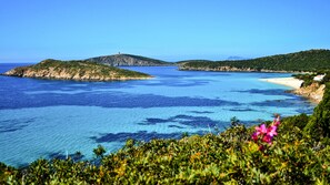 A coastal landscape with clear blue waters, a sandy beach, and lush greenery.