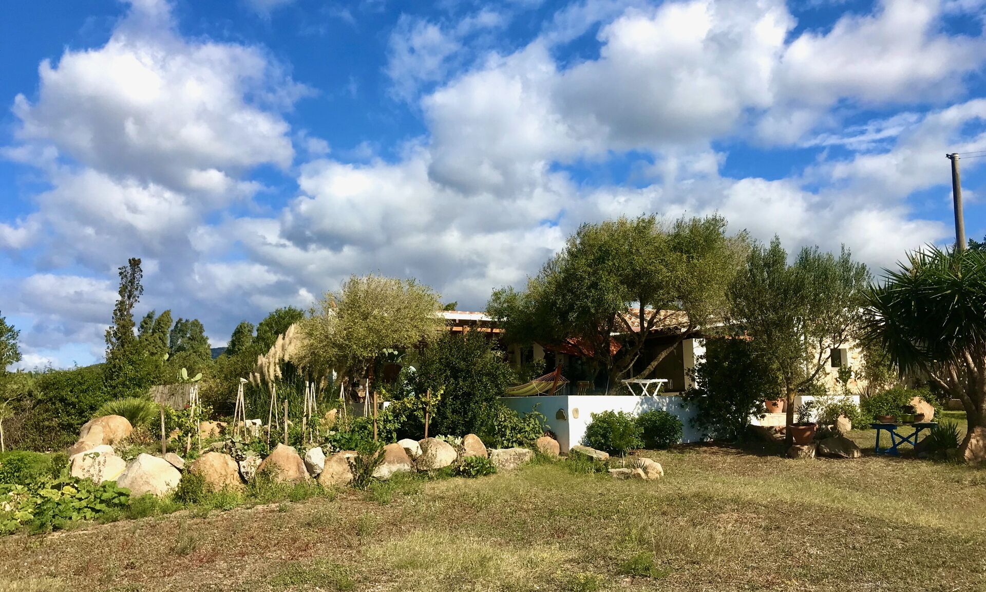 A garden with large rocks, trees, and a white building with a red roof.