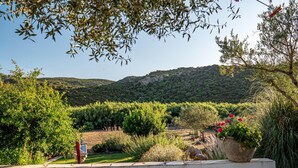 Un jardin où l’on trouve différentes espèces de plantes, et d’où l’on peut admirer un paysage vallonné.