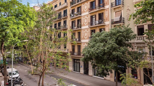 A multi-story building with ornate architectural details, balconies, and a street view with parked vehicles and trees.