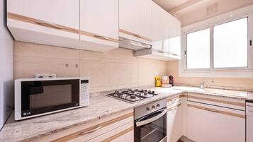 Fridge, oven, stovetop, coffee/tea maker