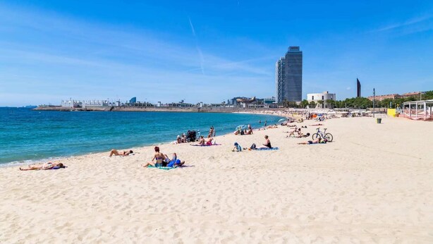 A beach with people sunbathing and swimming, a large ship in the background, and a tall building. - Sweett | Bogatell Beach (Barcelona)