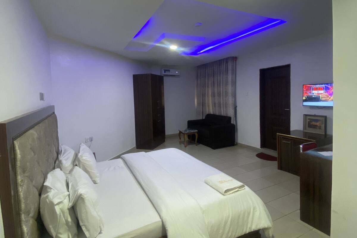 Une chambre d’hôtel équipée d’un lit, d’un bureau, d’une chaise, d’une télévision et d’un luminaire au plafond.