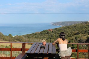 A woman sitting at a wooden table with a potted plant, overlooking a coastal landscape with hills and a view of the sea.