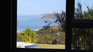 Vista pela janela com paisagem costeira, incluindo um corpo d'água e colinas ao longe.
