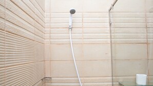 A bathroom with a shower, a glass shelf, and a toilet paper roll.