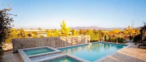 Outdoor pool, pool umbrellas, pool loungers