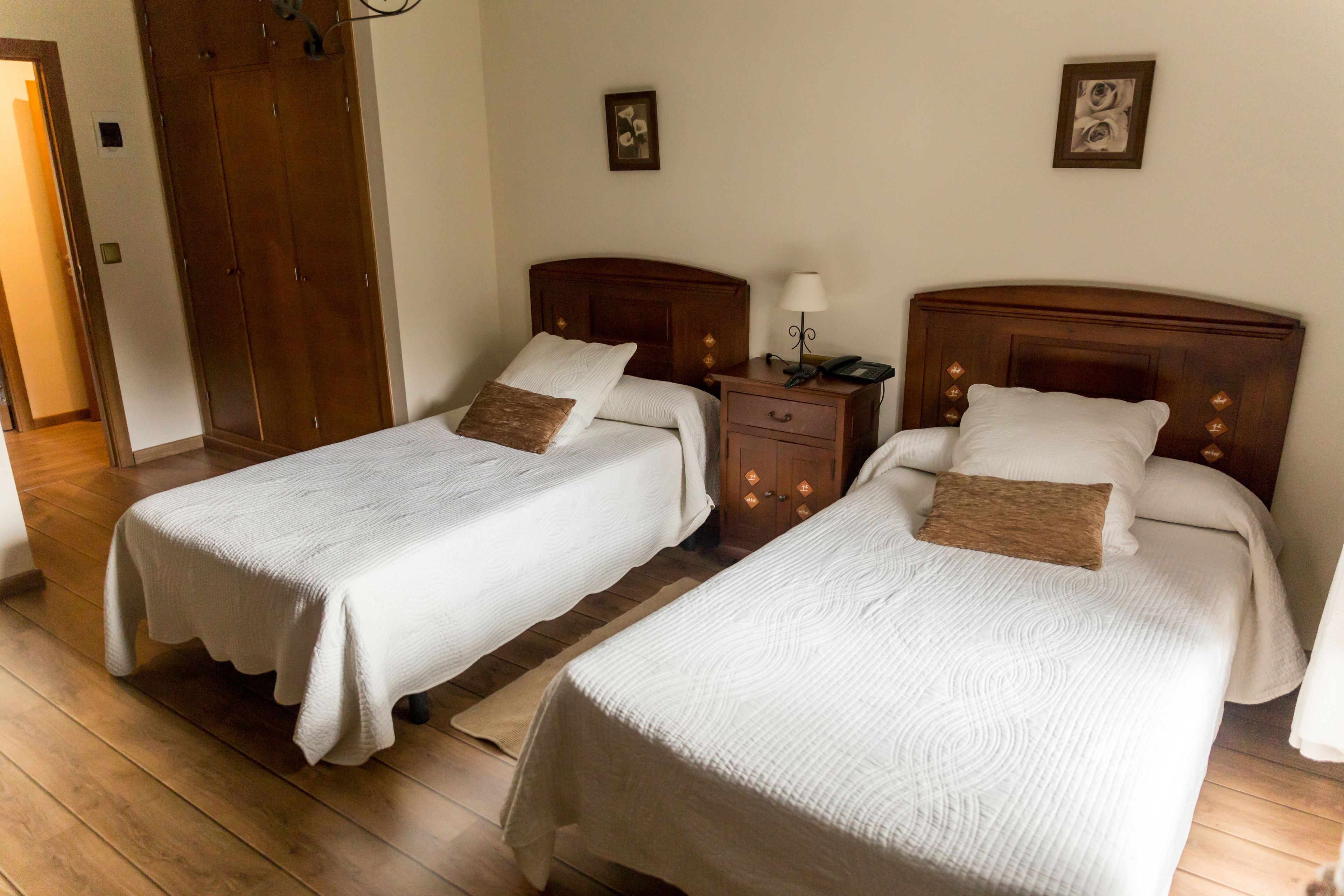 Two single beds with wooden headboards, a nightstand with a lamp, and a wooden wardrobe.