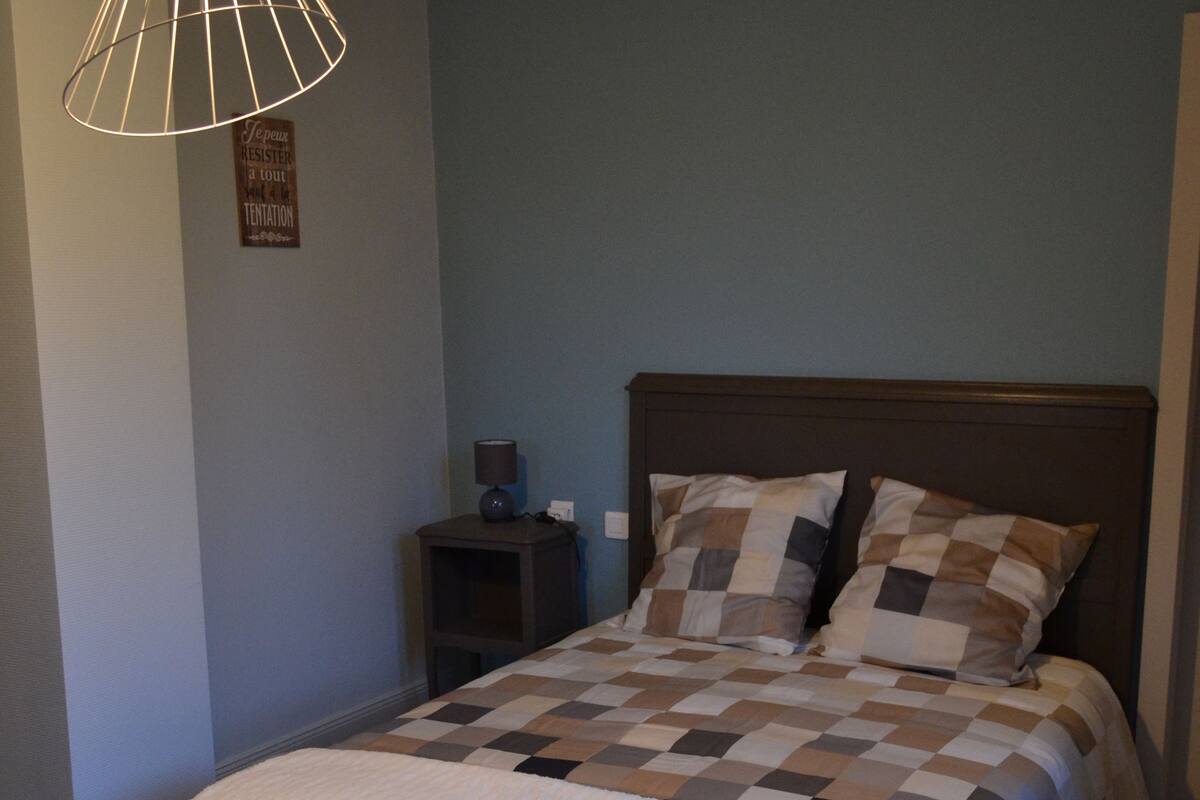 Ein ordentlich bezogenes Bett mit kariertem Überwurf und zwei Kissen, ein Nachttisch mit Lampe sowie eine hängende Leuchte.