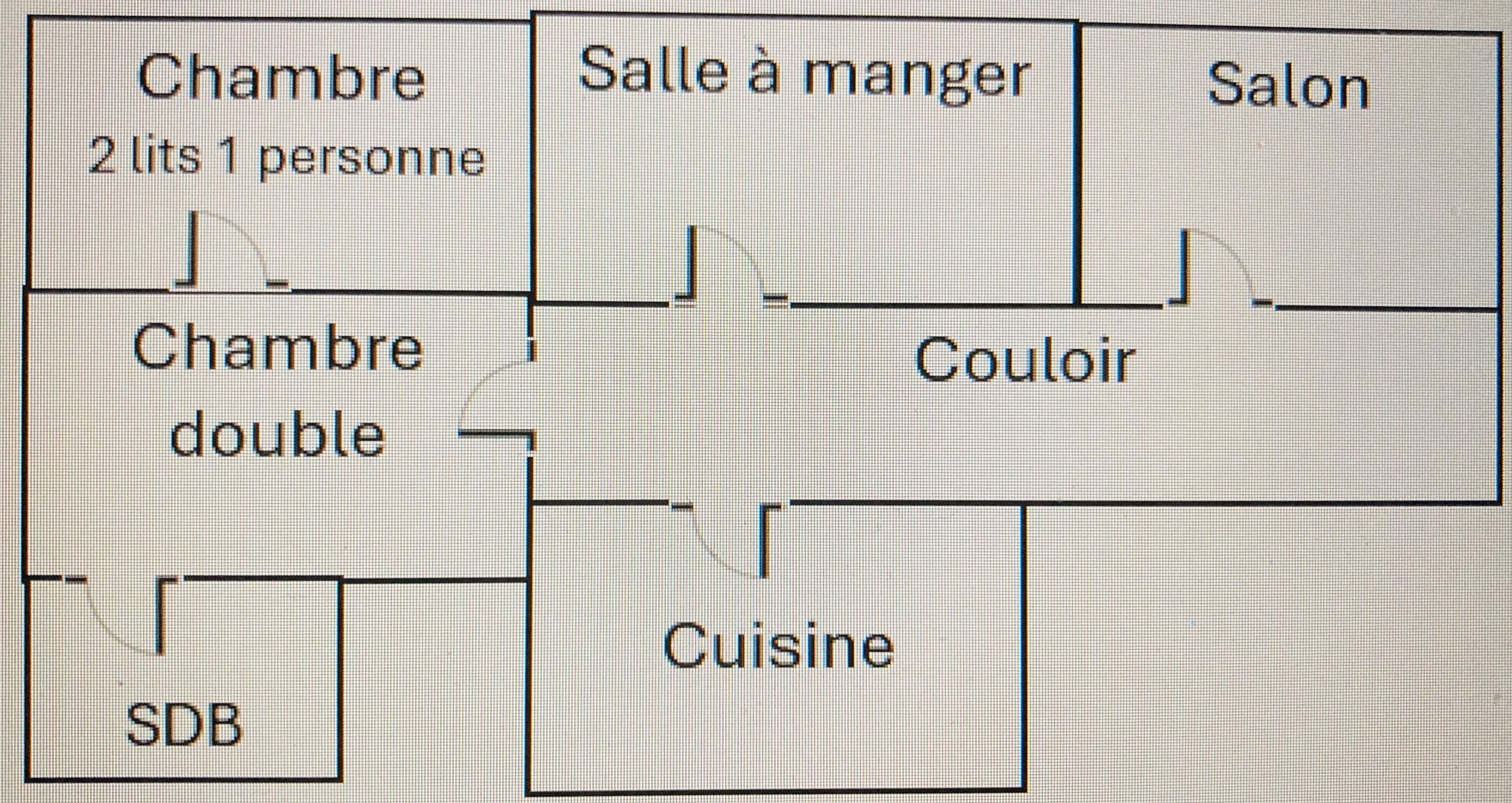 A hotel layout with a double room, a single room, a dining area, a kitchen, a bathroom, a maid's room, a waiting area, and a salon.