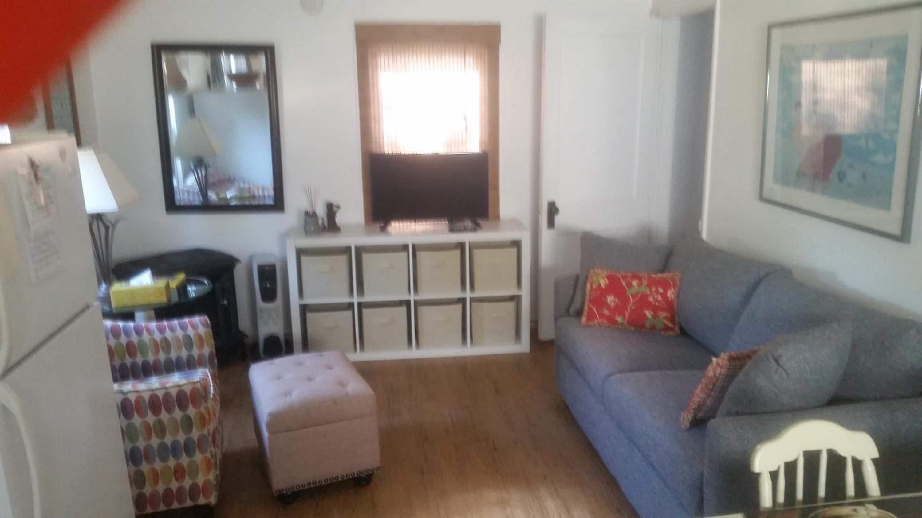 Un salon avec un canapé gris, un téléviseur posé sur un meuble, une armoire blanche et un pouf à motifs.