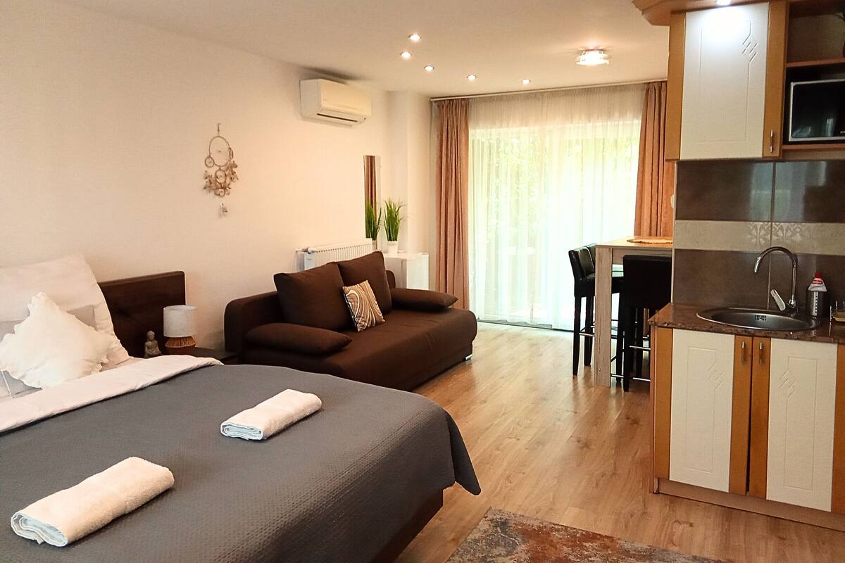 A hotel room with a bed, a sofa, a small kitchen area, and a dining table.