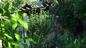 A garden with a white sculpture, lush greenery, and a pergola. - Aparthotel Orient (Eger)
