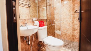 Une salle de bain avec un lavabo, des toilettes et une douche.