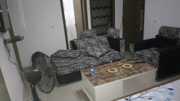 Flat-screen TV, fireplace