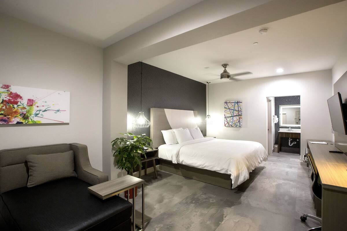 Una camera d'albergo moderna con un letto, un divano, una scrivania e un bagno.