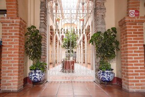 Una reja de hierro forjado con un diseño decorativo, flanqueada por plantas en macetas y muros de ladrillo.